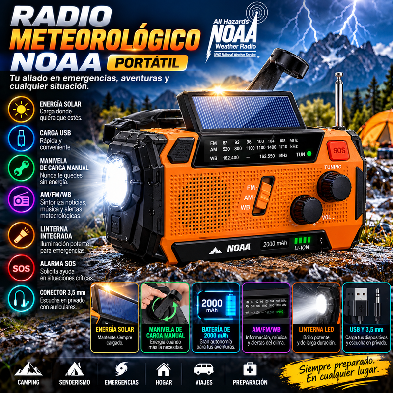 Radio meteorológico NOAA portátil: dispositivo de supervivencia alimentado por energía solar y USB (batería de 2000 mAh) con sintonización AM/FM y banda meteorológica (WB), manivela de carga manual, linterna integrada, alarma SOS y conector de 3,5 mm.