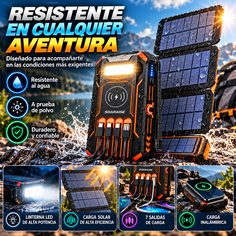 SOARAISE Cargador solar Power Bank de 48000 mAh, cargador portátil inalámbrico con 4 cables integrados y 7 salidas, Power Bank portátil de carga rápida de 15 W con USB C, paquete de baterías con linterna para todos los dispositivos móviles