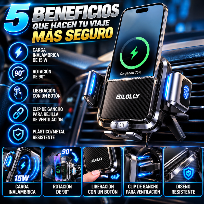 Soporte para teléfono de coche con carga inalámbrica BiLOLLY – Accesorio para automóvil, potencia de 15 W, rotación de 90°, clip de gancho para rejilla de ventilación (plástico/metal), liberación con un botón, y carga inalámbrica.