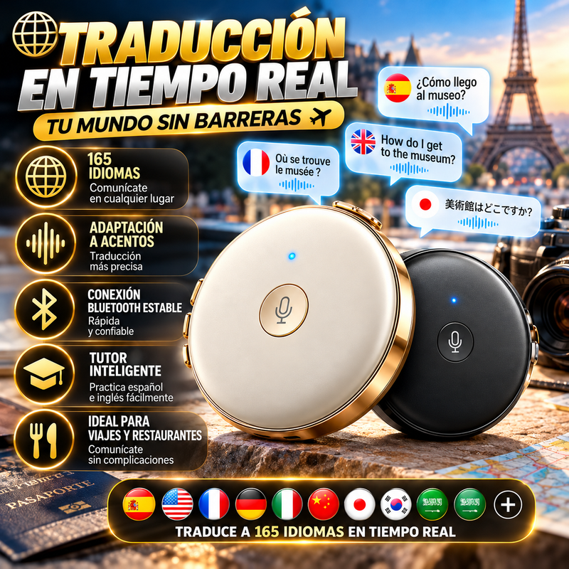 Traductor inteligente Bluetooth portátil: conexión Bluetooth estable, traducción en tiempo real a 165 idiomas, adaptación a acentos, compañero de práctica de español e inglés, herramienta para situaciones en restaurantes, tutor inteligente.