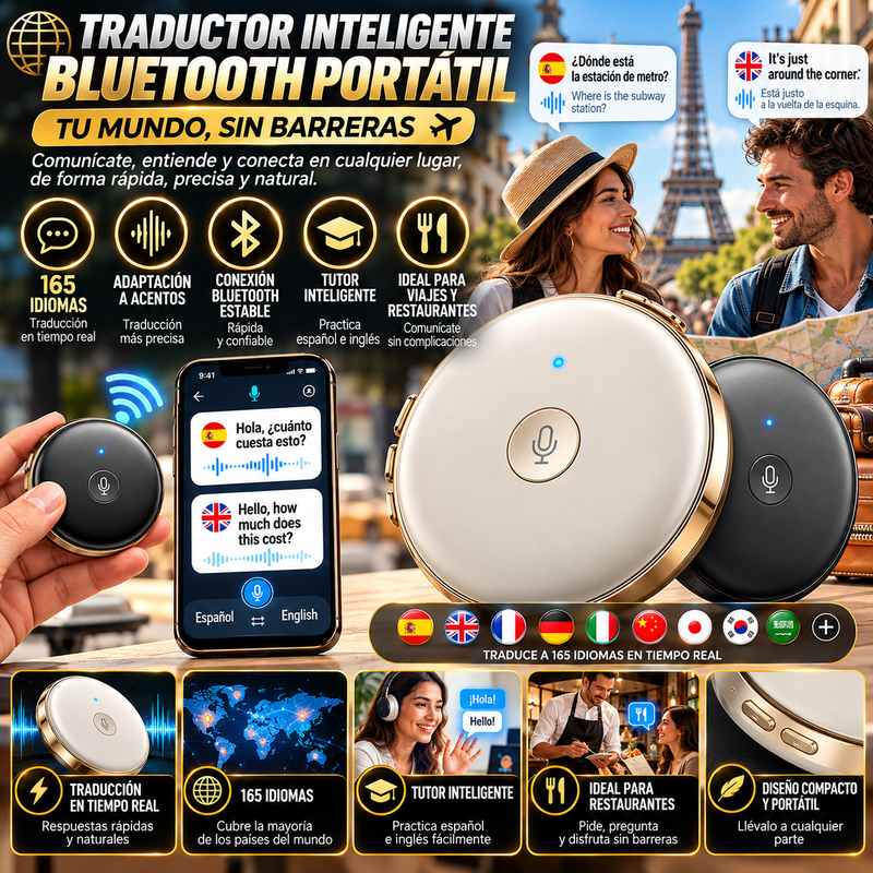 Traductor inteligente Bluetooth portátil: conexión Bluetooth estable, traducción en tiempo real a 165 idiomas, adaptación a acentos, compañero de práctica de español e inglés, herramienta para situaciones en restaurantes, tutor inteligente.