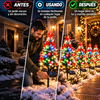 EVEDIOR Set de 4 árboles de Navidad solares para exteriores (35,4 pulgadas / 90 cm de altura), con efecto de nieve, luces LED multicolores y kit de adornos para personalizar; incluye lazos rojos, cascabeles y estrellas para la decoración de los jardines.