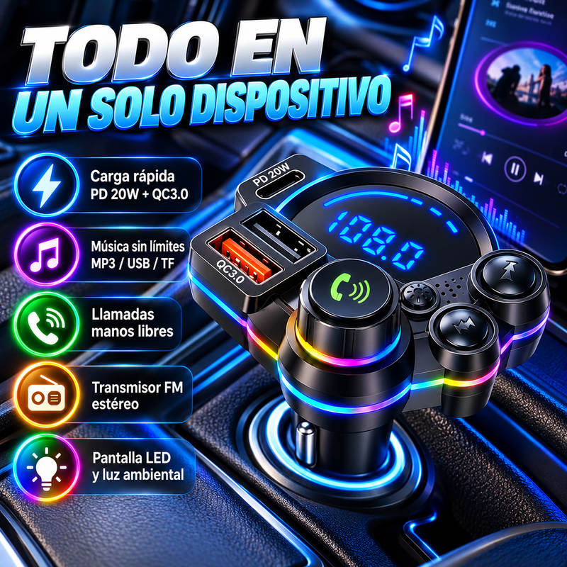 Transmisor FM Bluetooth 5.3 para coche con soporte QC3.0, adaptador de carga rápida dual USB PD 20W, reproductor MP3/USB/TF, receptor de radio inalámbrico, llamadas manos libres, pantalla LED, accesorio para el interior del vehículo.