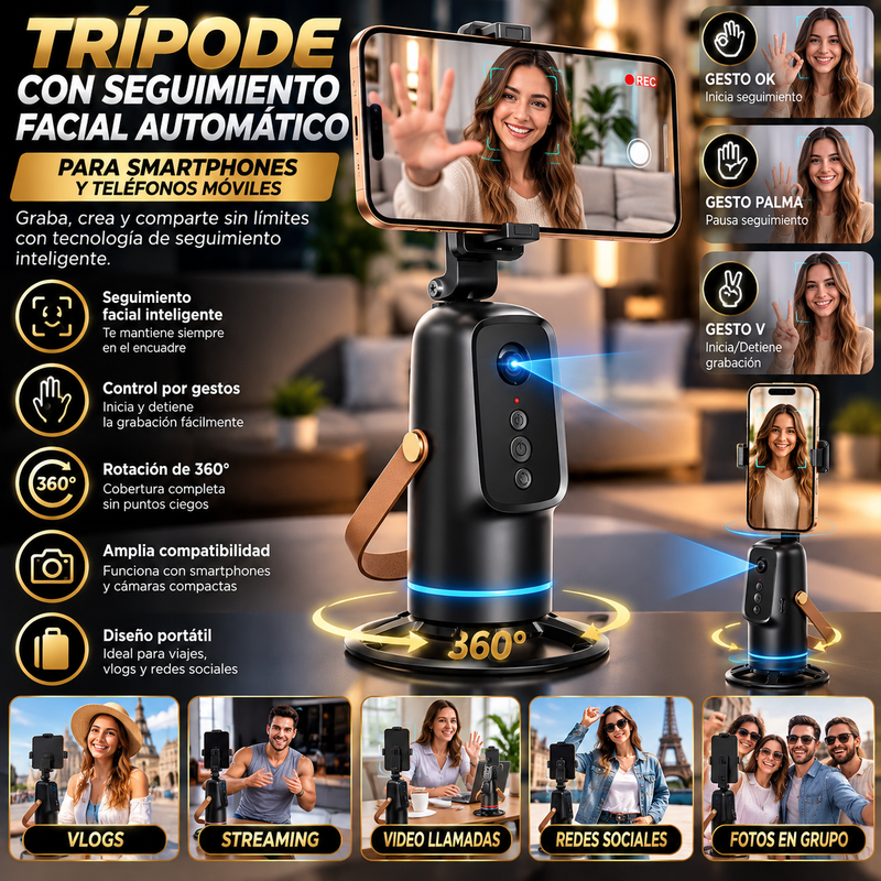 Trípode con seguimiento facial automático para smartphones y teléfonos móviles: control por gestos, soporte para cámara con rotación de 360 grados, accesorio para selfies, soporte inteligente para grabación, accesorio de cámara.