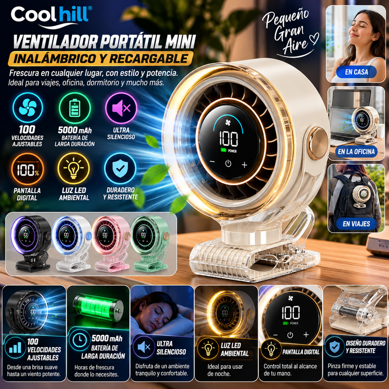 Ventilador portátil mini Coolhill: ventilador de pinza inalámbrico y recargable para escritorio, con 100 velocidades ajustables, batería de larga duración de 5000 mAh, pantalla digital, ultra silencioso, duradero y con luz LED; ideal para viajes.