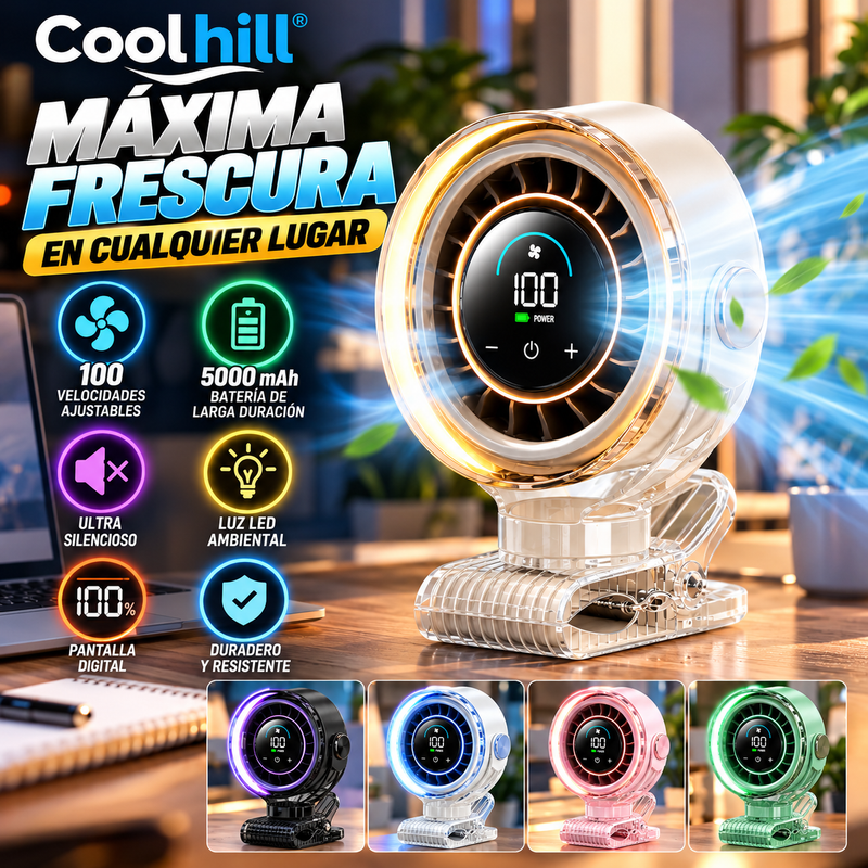 Ventilador portátil mini Coolhill: ventilador de pinza inalámbrico y recargable para escritorio, con 100 velocidades ajustables, batería de larga duración de 5000 mAh, pantalla digital, ultra silencioso, duradero y con luz LED; ideal para viajes.