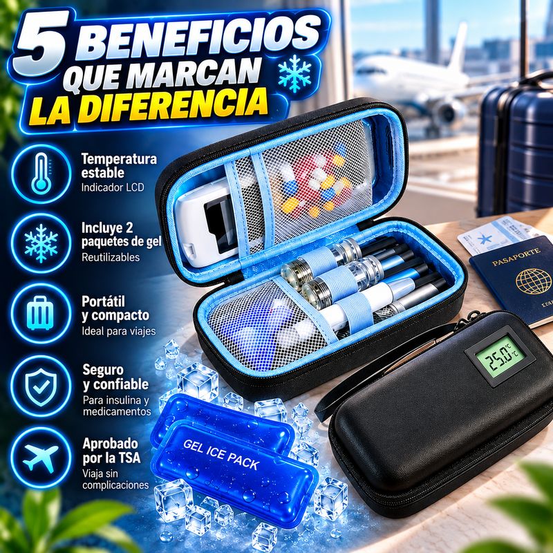 Estuche de viaje refrigerado para insulina, nevera portátil para medicamentos con indicador de temperatura, artículo esencial para viajes, estuche para diabetes con 2 paquetes de gel reutilizables, aprobado por la TSA para suministros para diabéticos.