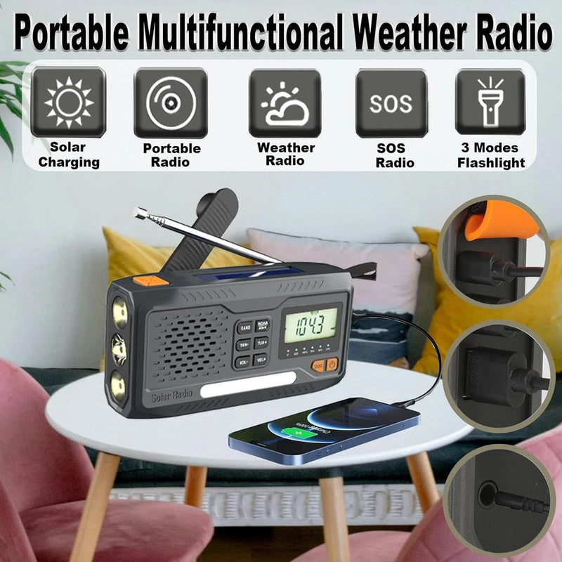 Radio de manivela de emergencia, radio meteorológica solar de 7400 mWh con AM/FM/NOAA, radio a batería con cargador de teléfono celular, pantalla digital, linterna, conector para auriculares y alarma SOS para exteriores/supervivencia